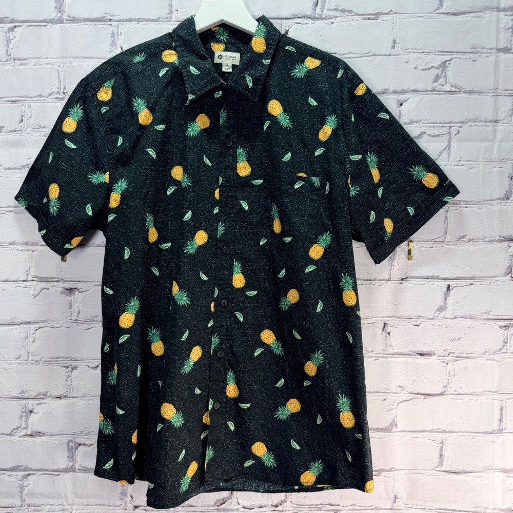 Haggar Button Up Shirt Mens XL Black Pineapple Tropical Aloha Summer Casual Top - Picture 6 of 8